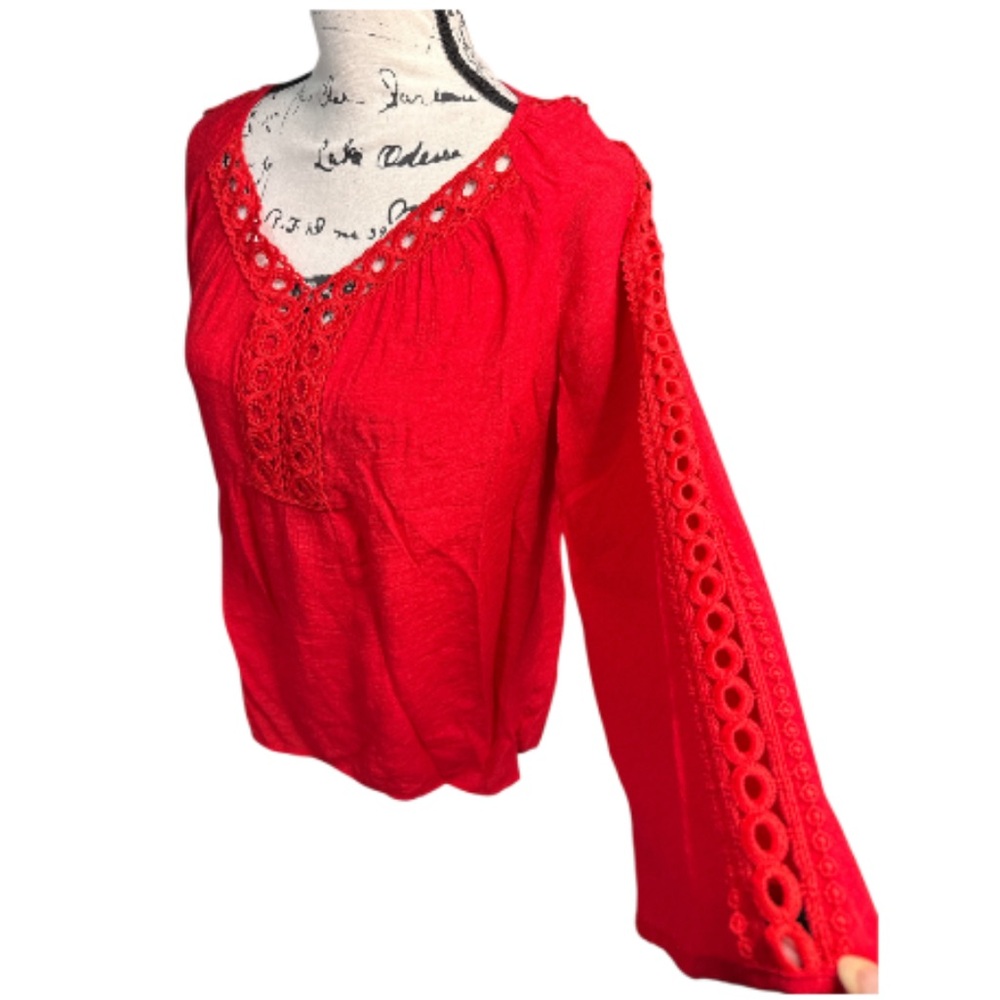 ZAC & RACHEL Red Breezy Summer Tunic Blouse Eyelet Lace Details Women’s Sz S